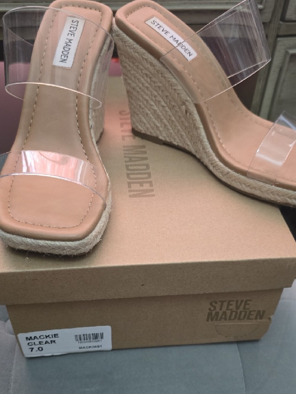 Steve Madden Clear Strap Tan Espadrille Wedge Sandals - Picture 7 of 8